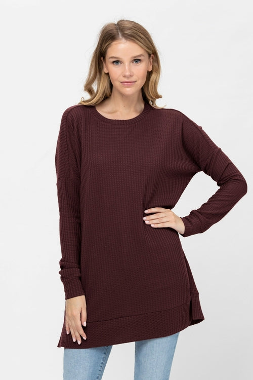 Long Sleeve Waffle Knit Sweater Round Neck Solid Color Pullover Dress | Apparel | Kitchen + Metal