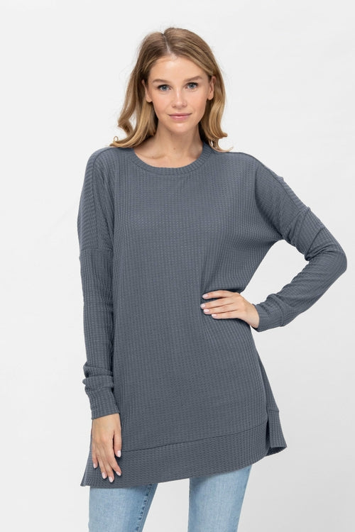 Long Sleeve Waffle Knit Sweater Round Neck Solid Color Pullover Dress | Apparel | Kitchen + Metal
