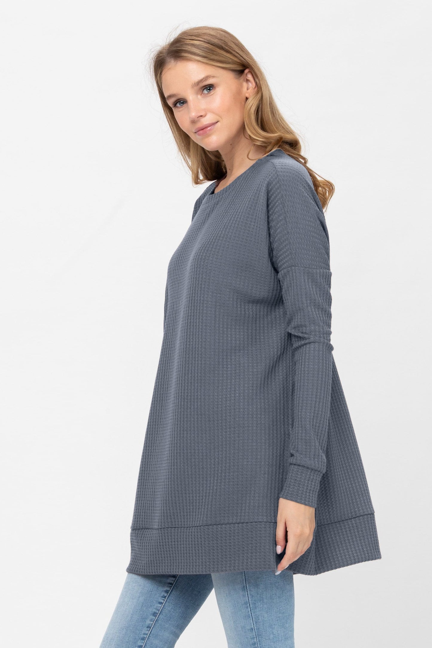 Long Sleeve Waffle Knit Sweater Round Neck Solid Color Pullover Dress | Apparel | Kitchen + Metal