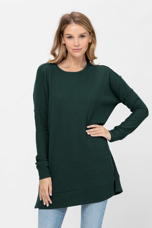 Long Sleeve Waffle Knit Sweater Round Neck Solid Color Pullover Dress | Apparel | Kitchen + Metal