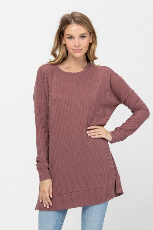 Long Sleeve Waffle Knit Sweater Round Neck Solid Color Pullover Dress | Apparel | Kitchen + Metal