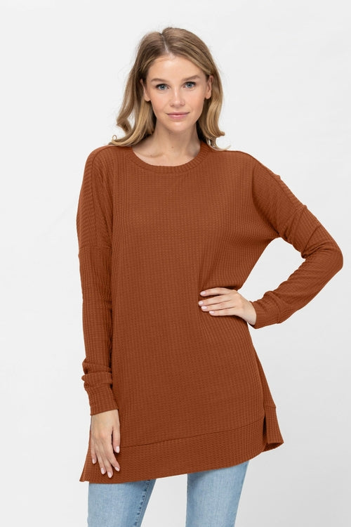 Long Sleeve Waffle Knit Sweater Round Neck Solid Color Pullover Dress | Apparel | Kitchen + Metal