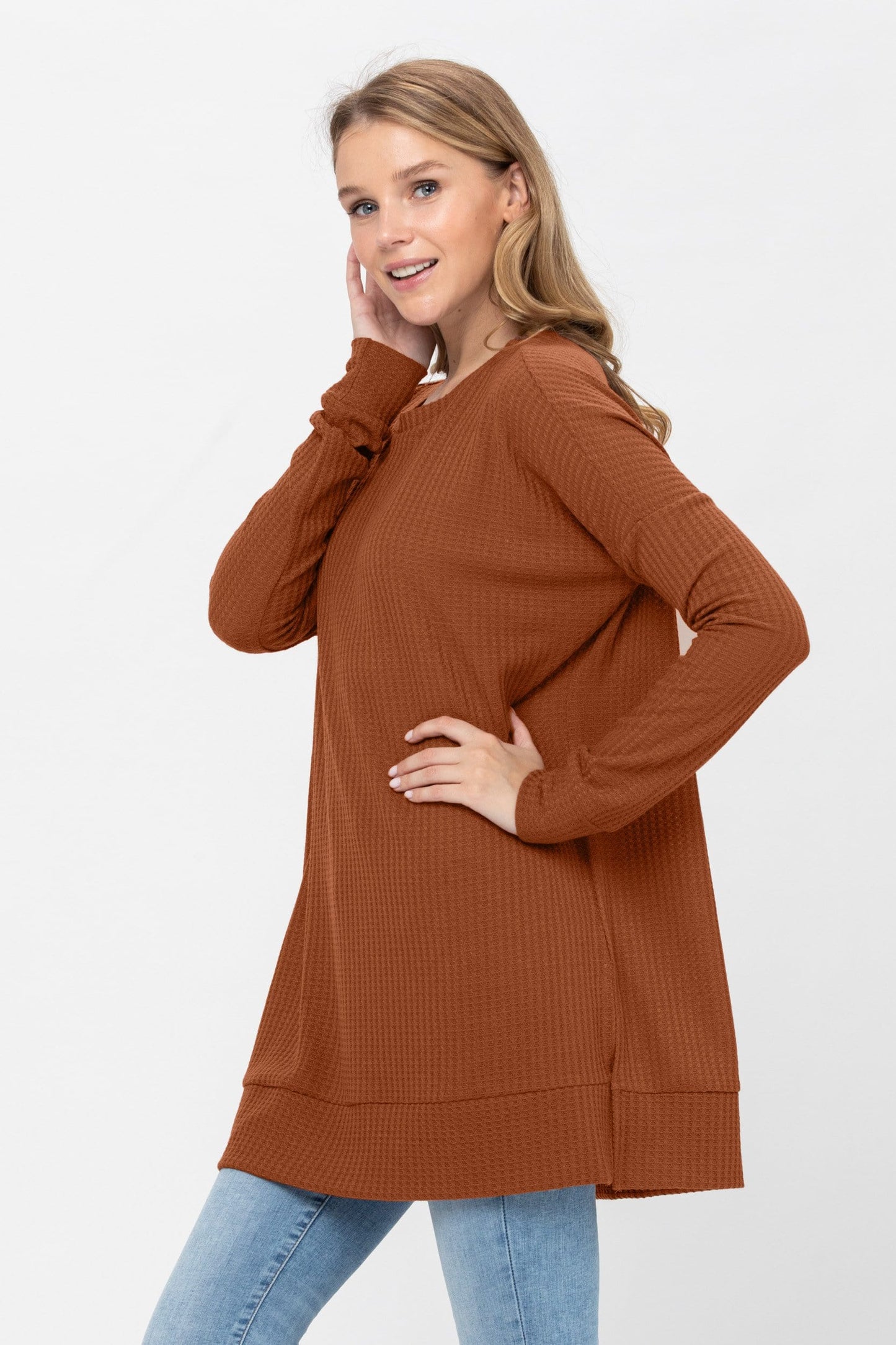 Long Sleeve Waffle Knit Sweater Round Neck Solid Color Pullover Dress | Apparel | Kitchen + Metal