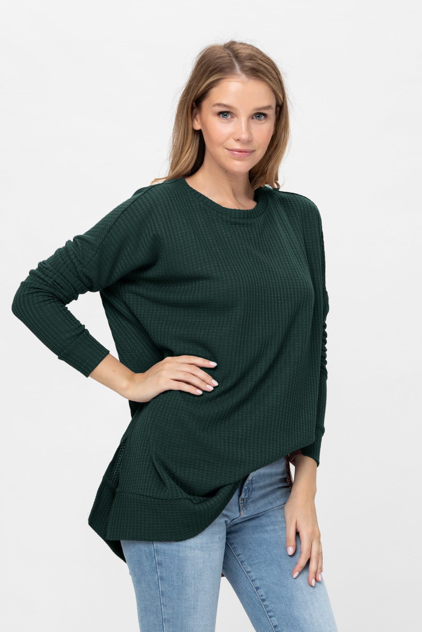 Long Sleeve Waffle Knit Sweater Round Neck Solid Color Pullover Dress | Apparel | Kitchen + Metal