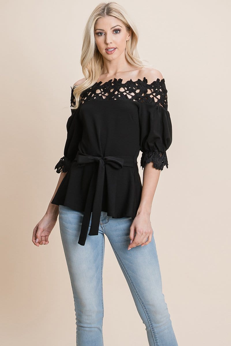 Lace Crochet Self Belted Off The Shoulder Tops with Back Zipper | Apparel | Kitchen + Metal