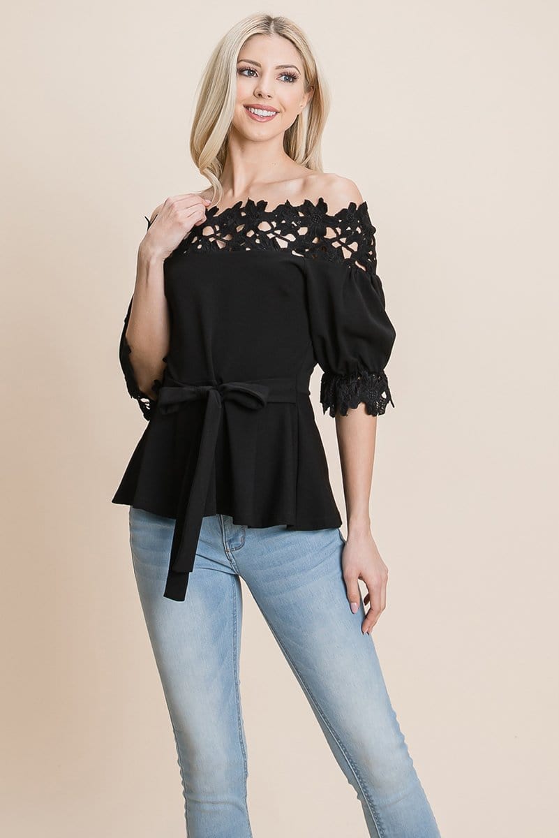 Lace Crochet Self Belted Off The Shoulder Tops with Back Zipper | Apparel | Kitchen + Metal