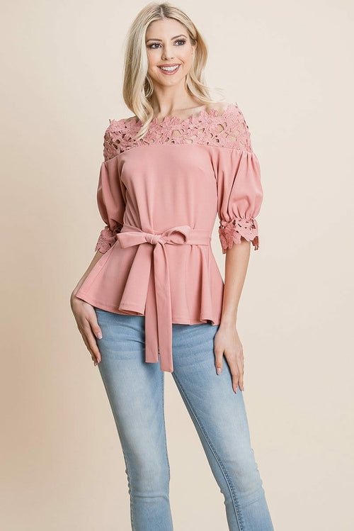 Lace Crochet Self Belted Off The Shoulder Tops with Back Zipper | Apparel | Kitchen + Metal