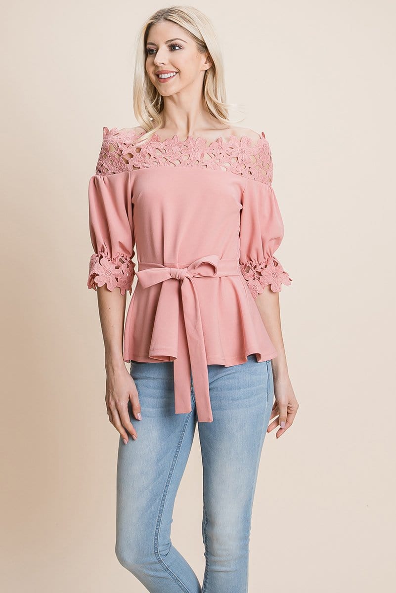 Lace Crochet Self Belted Off The Shoulder Tops with Back Zipper | Apparel | Kitchen + Metal