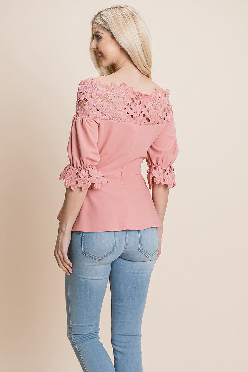 Lace Crochet Self Belted Off The Shoulder Tops with Back Zipper | Apparel | Kitchen + Metal