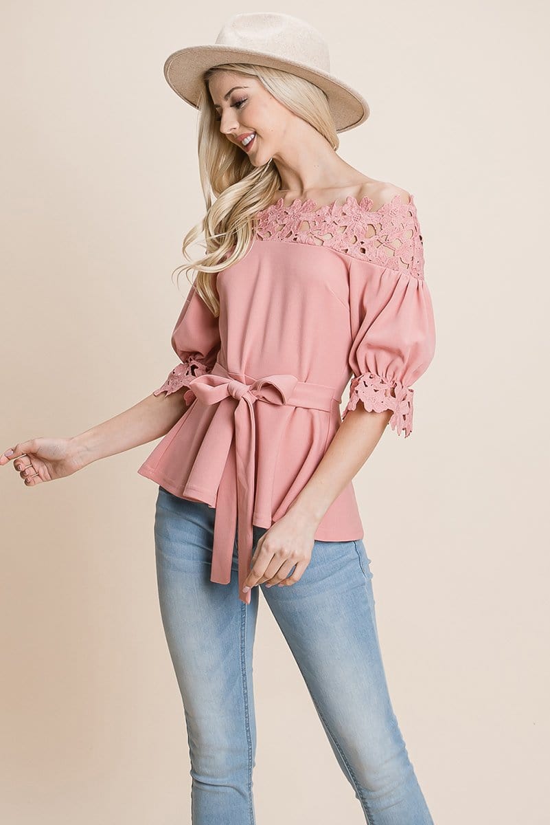 Lace Crochet Self Belted Off The Shoulder Tops with Back Zipper | Apparel | Kitchen + Metal