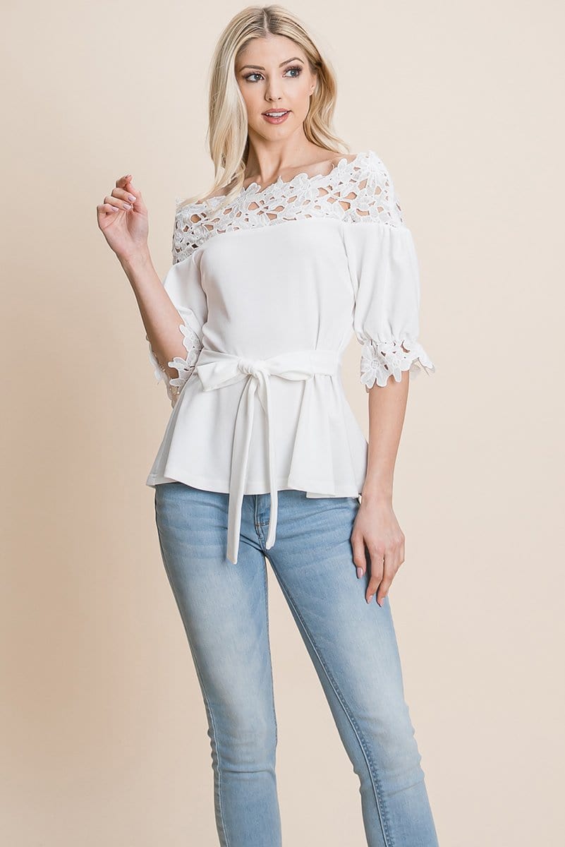 Lace Crochet Self Belted Off The Shoulder Tops with Back Zipper | Apparel | Kitchen + Metal