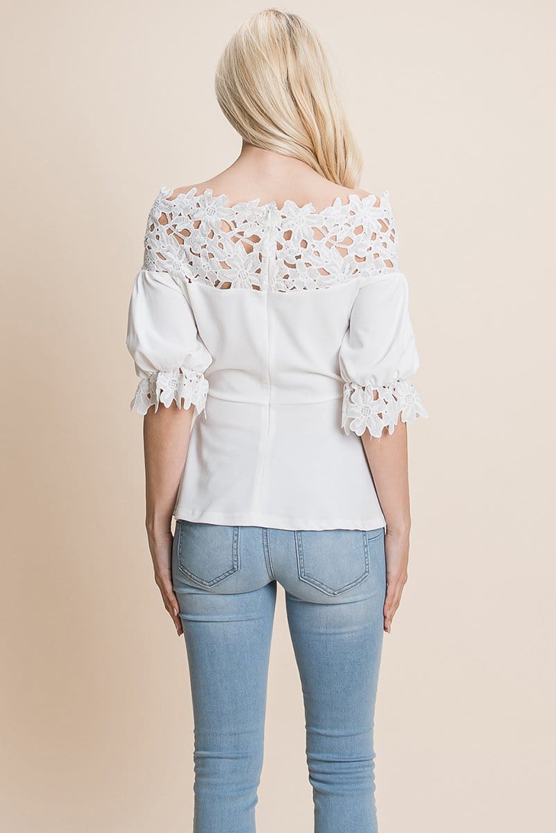 Lace Crochet Self Belted Off The Shoulder Tops with Back Zipper | Apparel | Kitchen + Metal