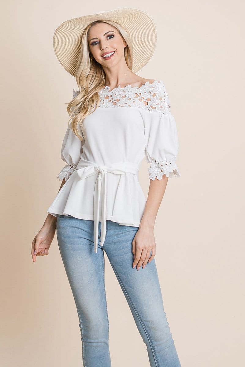 Lace Crochet Self Belted Off The Shoulder Tops with Back Zipper | Apparel | Kitchen + Metal