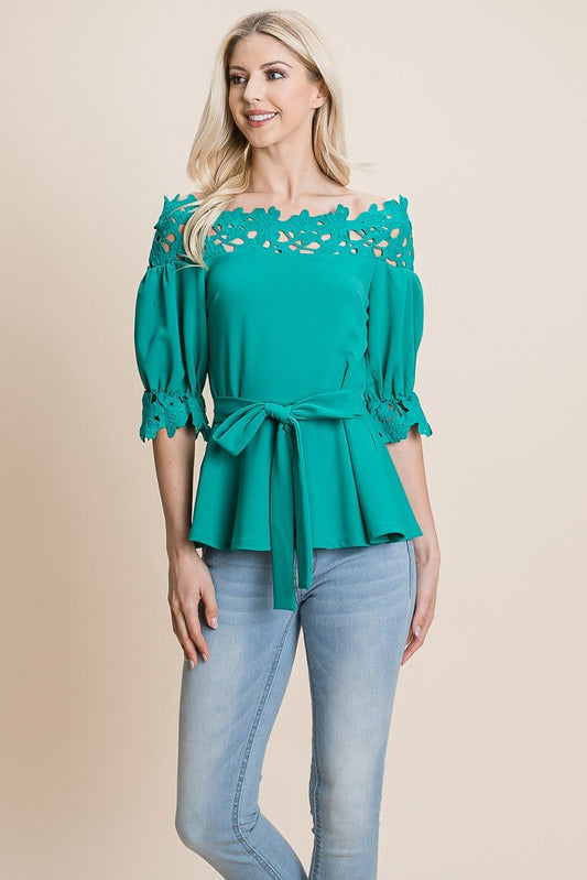 Lace Crochet Self Belted Off The Shoulder Tops with Back Zipper | Apparel | Kitchen + Metal