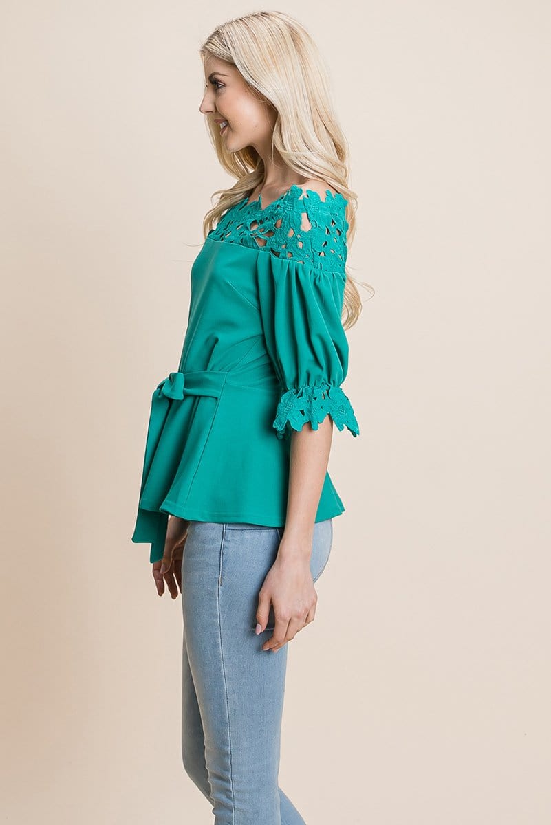 Lace Crochet Self Belted Off The Shoulder Tops with Back Zipper | Apparel | Kitchen + Metal