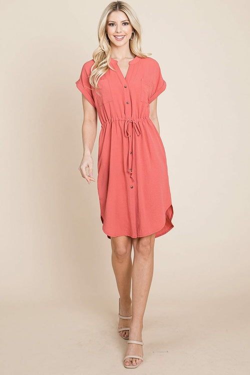 Button Down Solid Drawstring Waist Shirt Dress | Apparel | Kitchen + Metal