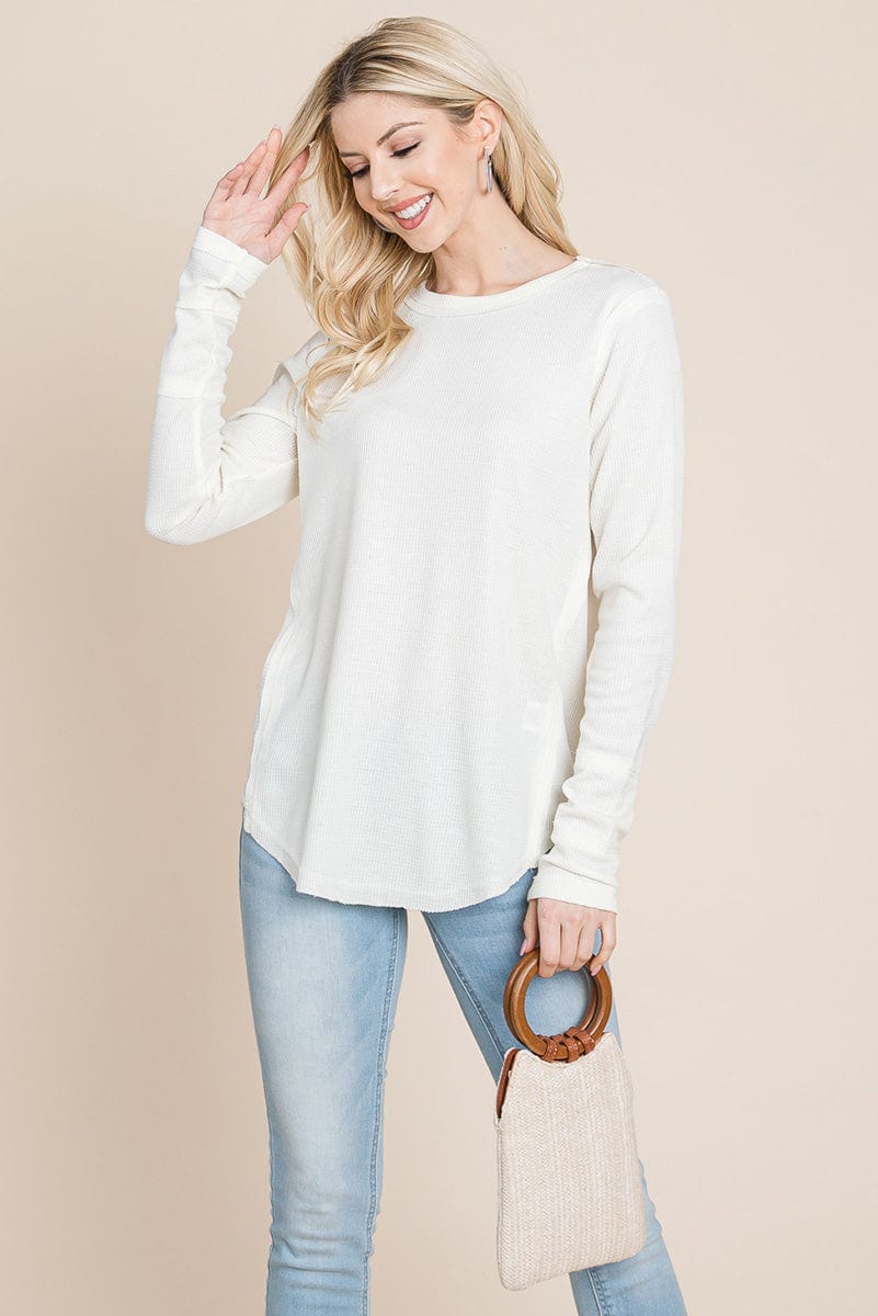 Casual Comfy Knit Waffle Pullover Raw Edge Tops | Apparel | Kitchen + Metal