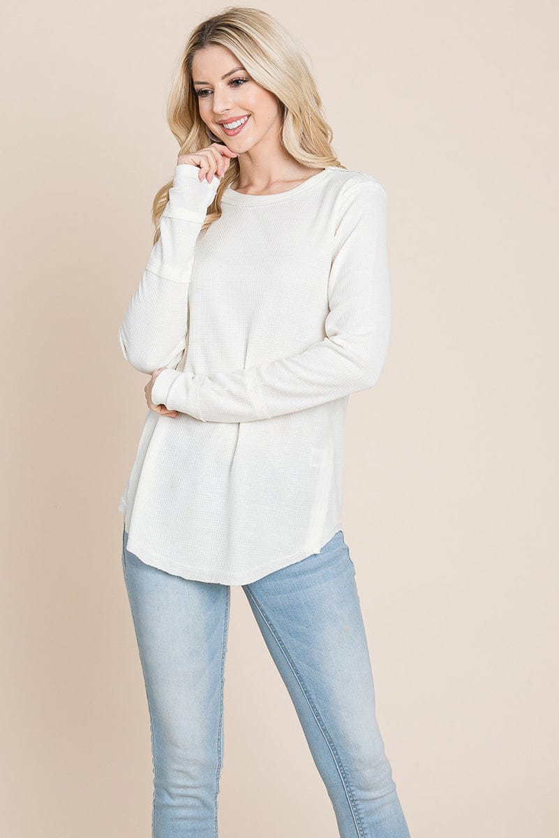 Casual Comfy Knit Waffle Pullover Raw Edge Tops | Apparel | Kitchen + Metal