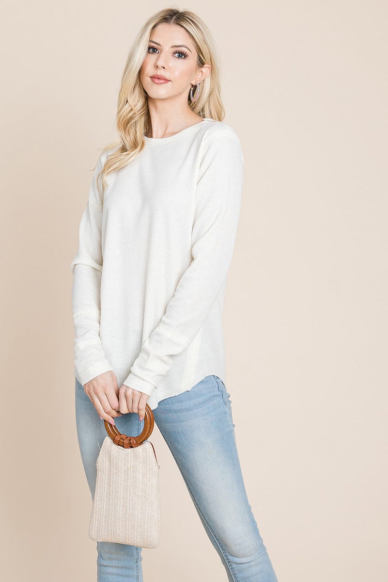 Casual Comfy Knit Waffle Pullover Raw Edge Tops | Apparel | Kitchen + Metal