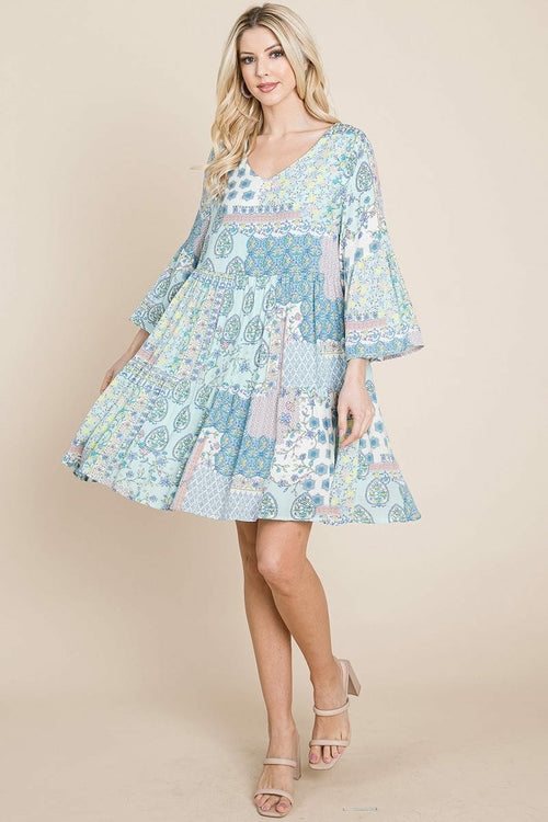 3/4 Sleeve Pleated Floral Flowy Boho Swing Dresses | Apparel | Kitchen + Metal
