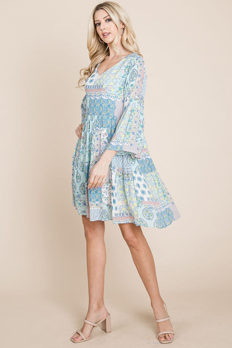 3/4 Sleeve Pleated Floral Flowy Boho Swing Dresses | Apparel | Kitchen + Metal