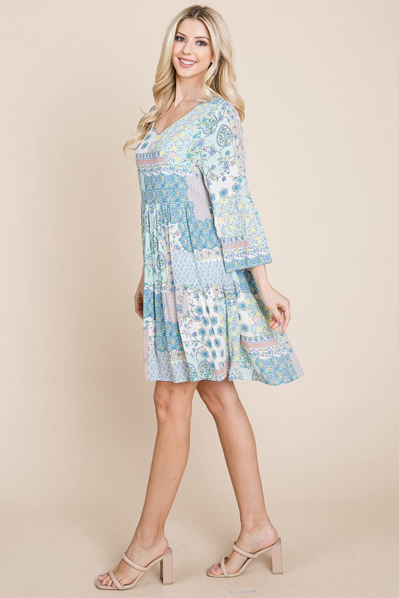 3/4 Sleeve Pleated Floral Flowy Boho Swing Dresses | Apparel | Kitchen + Metal