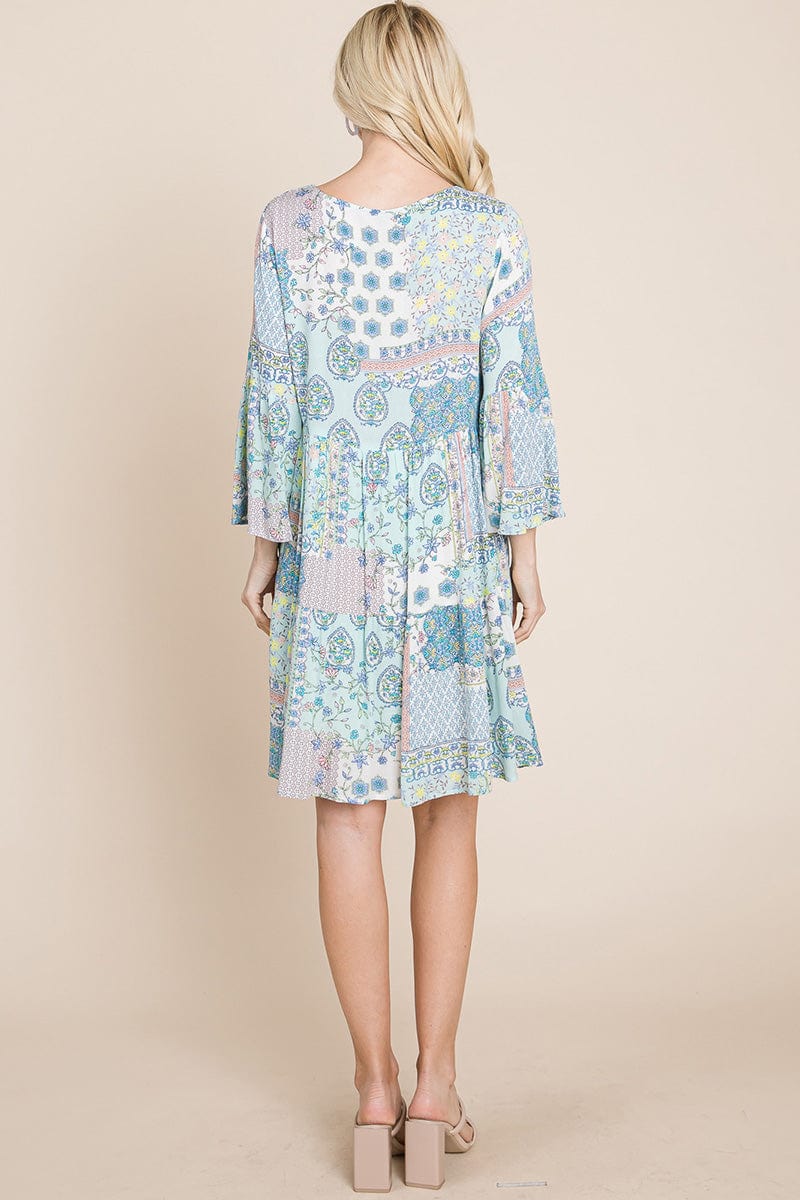 3/4 Sleeve Pleated Floral Flowy Boho Swing Dresses | Apparel | Kitchen + Metal
