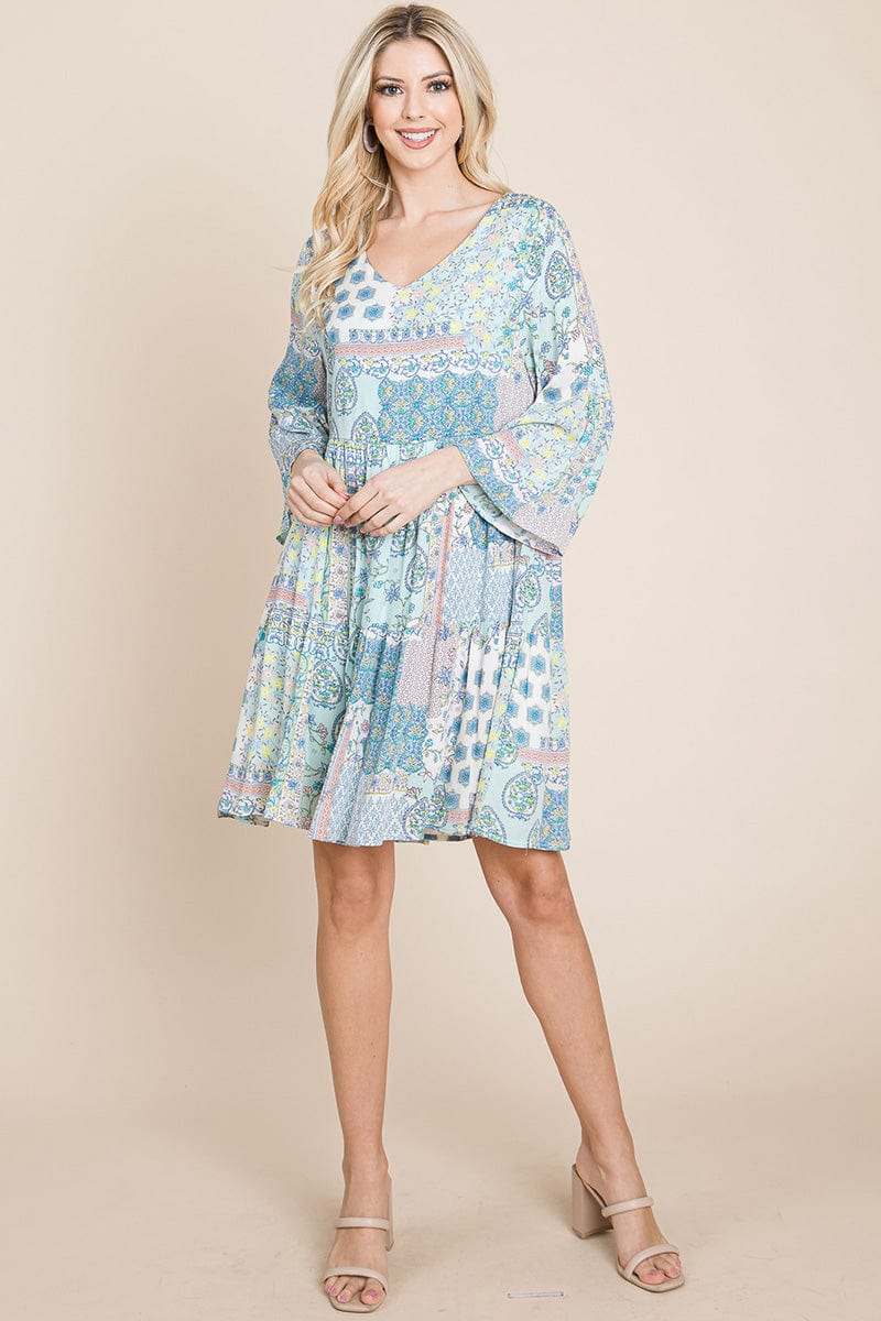 3/4 Sleeve Pleated Floral Flowy Boho Swing Dresses | Apparel | Kitchen + Metal