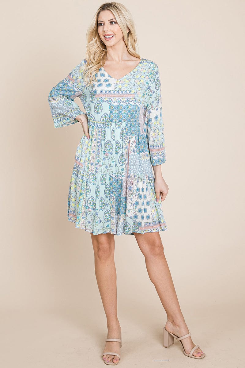 3/4 Sleeve Pleated Floral Flowy Boho Swing Dresses | Apparel | Kitchen + Metal