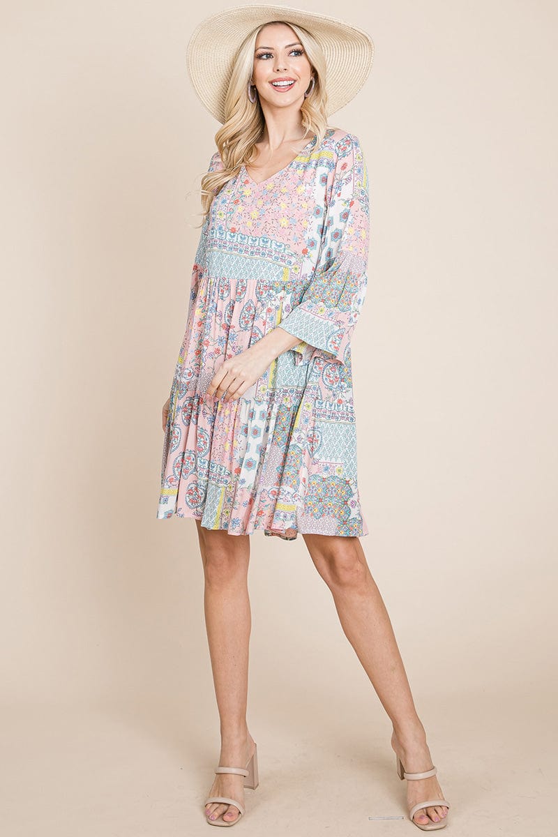 3/4 Sleeve Pleated Floral Flowy Boho Swing Dresses | Apparel | Kitchen + Metal