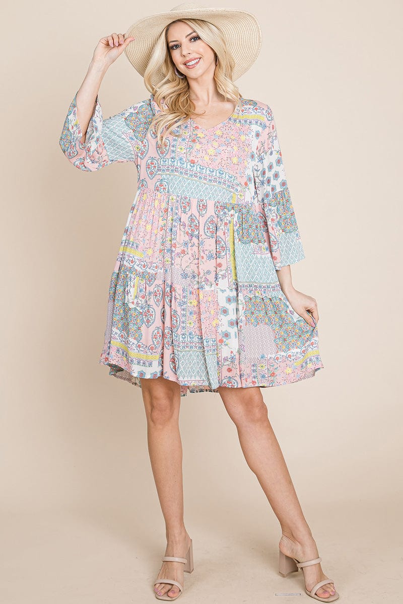 3/4 Sleeve Pleated Floral Flowy Boho Swing Dresses | Apparel | Kitchen + Metal