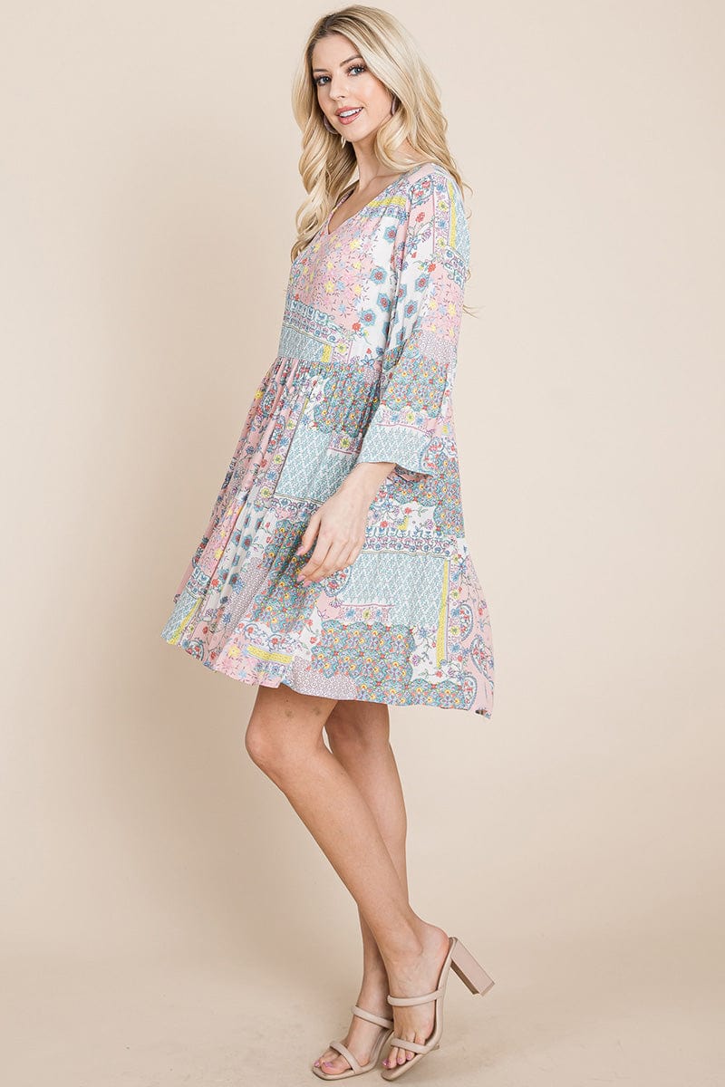 3/4 Sleeve Pleated Floral Flowy Boho Swing Dresses | Apparel | Kitchen + Metal