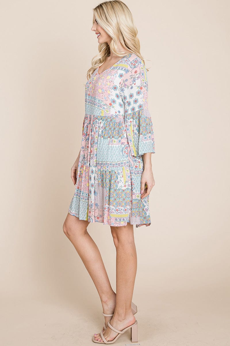 3/4 Sleeve Pleated Floral Flowy Boho Swing Dresses | Apparel | Kitchen + Metal