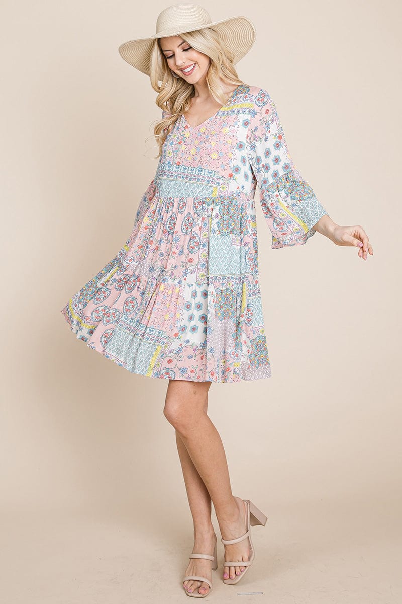 3/4 Sleeve Pleated Floral Flowy Boho Swing Dresses | Apparel | Kitchen + Metal