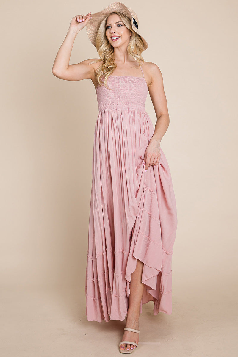 Smocked Flowy Boho Pleated Backless Maxi Dress | Apparel | Kitchen + Metal