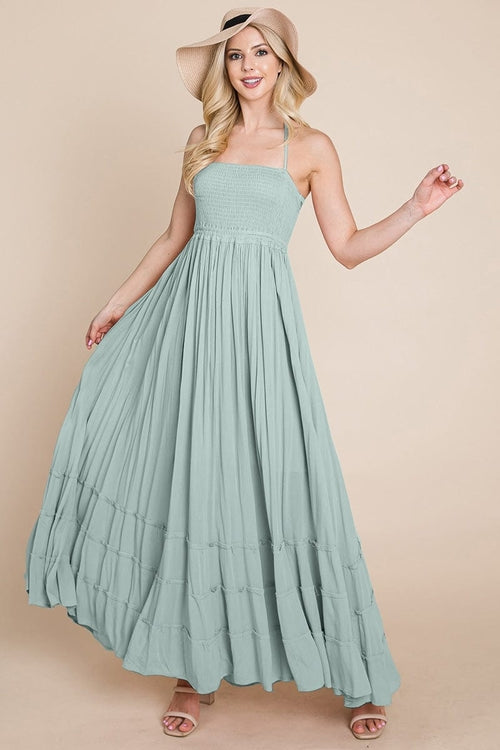 Smocked Flowy Boho Pleated Backless Maxi Dress | Apparel | Kitchen + Metal
