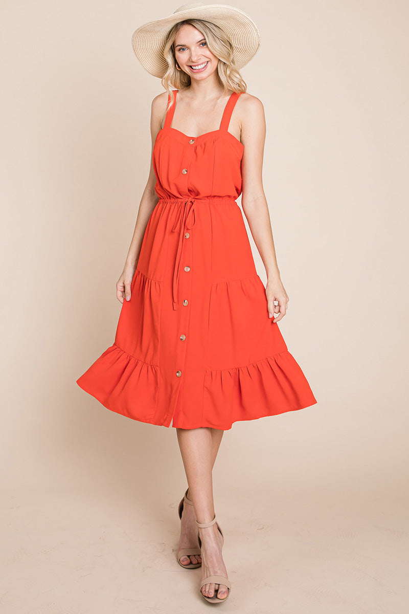 Tiered Square Neck Ruffled Button Midi Sundresses | Apparel | Kitchen + Metal