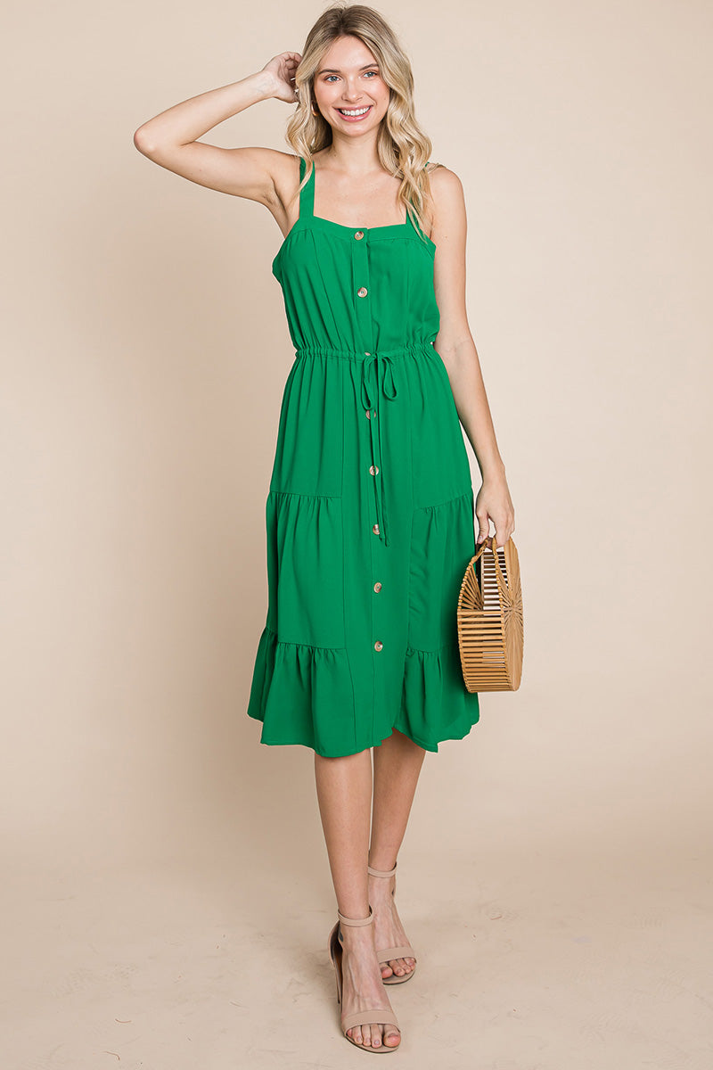 Tiered Square Neck Ruffled Button Midi Sundresses | Apparel | Kitchen + Metal