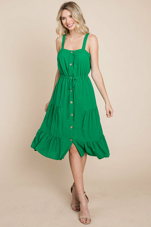 Tiered Square Neck Ruffled Button Midi Sundresses | Apparel | Kitchen + Metal