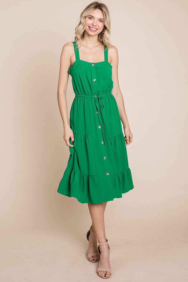 Tiered Square Neck Ruffled Button Midi Sundresses | Apparel | Kitchen + Metal