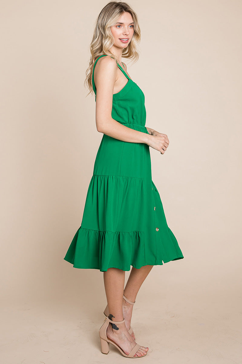 Tiered Square Neck Ruffled Button Midi Sundresses | Apparel | Kitchen + Metal