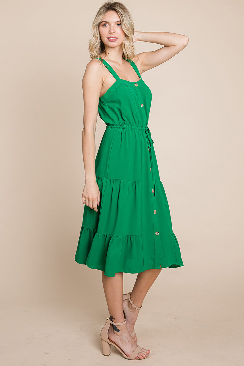 Tiered Square Neck Ruffled Button Midi Sundresses | Apparel | Kitchen + Metal