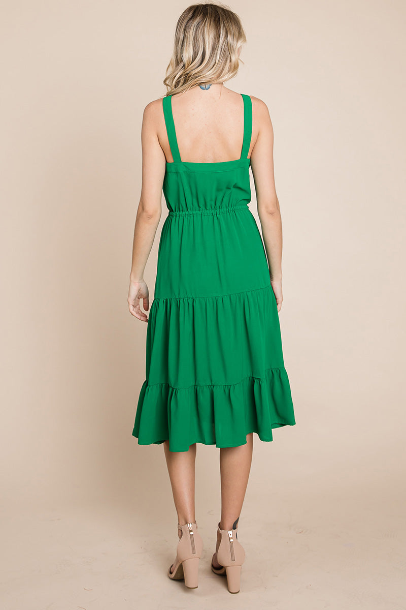 Tiered Square Neck Ruffled Button Midi Sundresses | Apparel | Kitchen + Metal