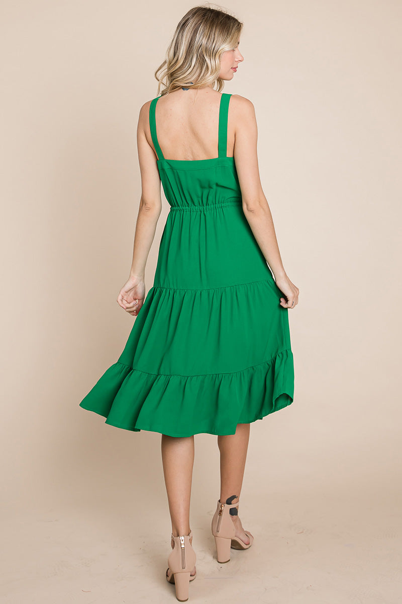 Tiered Square Neck Ruffled Button Midi Sundresses | Apparel | Kitchen + Metal