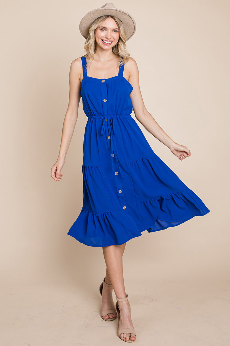 Tiered Square Neck Ruffled Button Midi Sundresses | Apparel | Kitchen + Metal