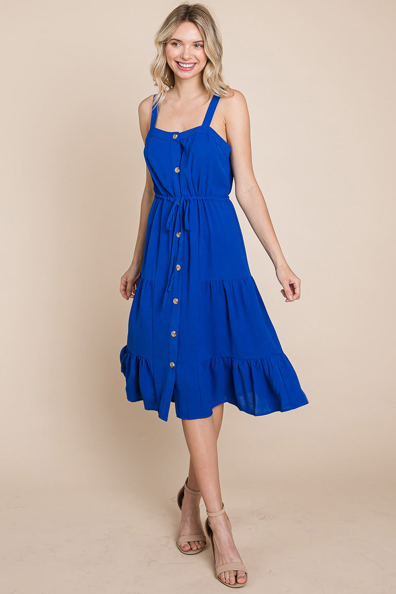 Tiered Square Neck Ruffled Button Midi Sundresses | Apparel | Kitchen + Metal