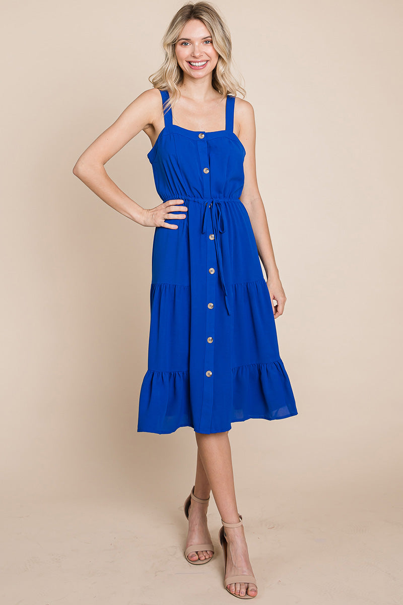 Tiered Square Neck Ruffled Button Midi Sundresses | Apparel | Kitchen + Metal
