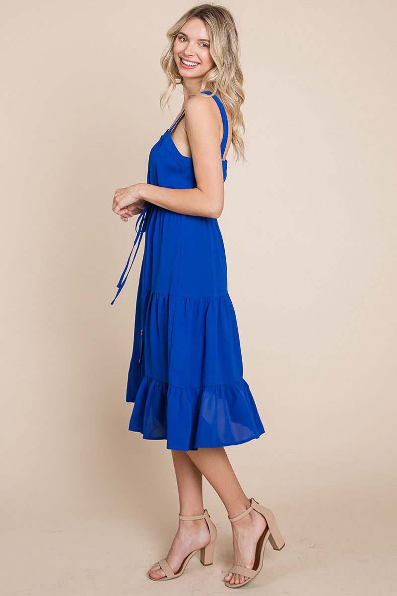 Tiered Square Neck Ruffled Button Midi Sundresses | Apparel | Kitchen + Metal