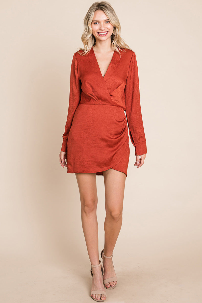 V Neck Satin Wrap Long Sleeve Sheath Dress | Apparel | Kitchen + Metal