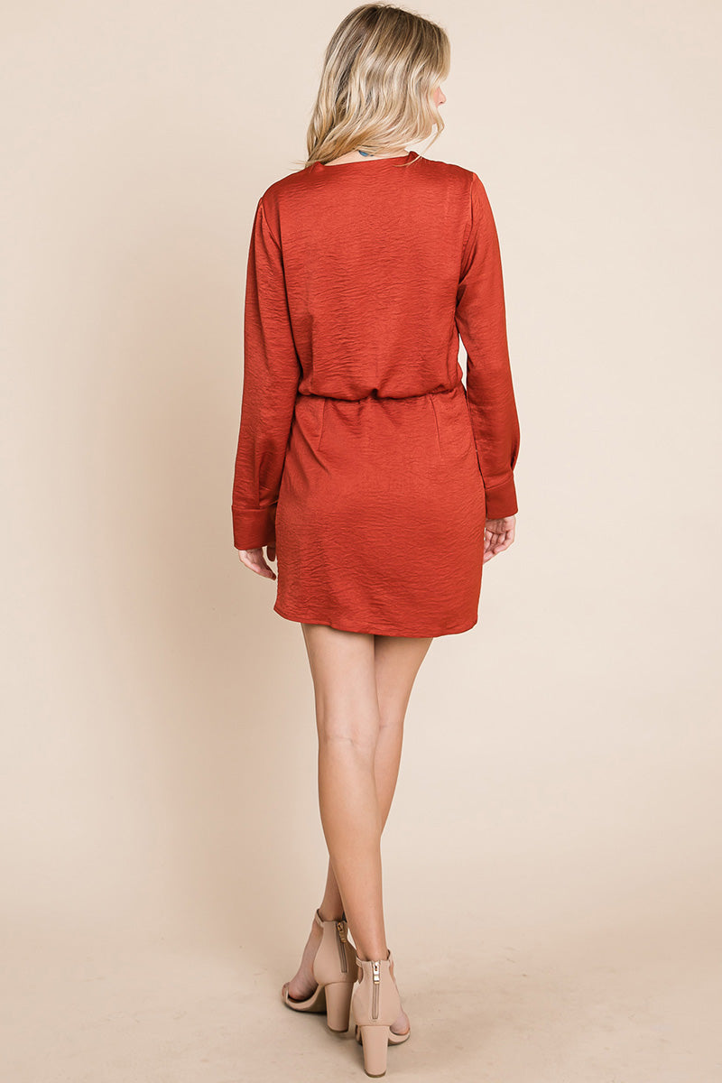 V Neck Satin Wrap Long Sleeve Sheath Dress | Apparel | Kitchen + Metal